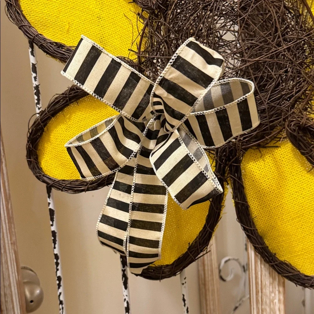 Sunflower Everyday Door Hanger with Yellow Petals and Striped Bow💕